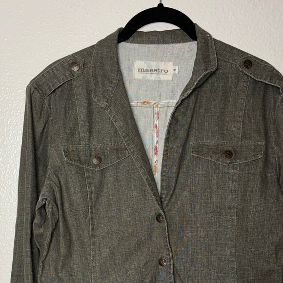 Maestro Green Linen Cotton Jacket Women's Size Medium Ruffled Y2K Boho - Picture 7 of 16